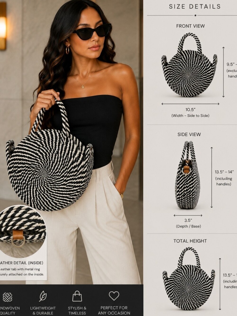 Black & White Woven Cotton Rope Circle Tote Handbag Spiral Round Bag